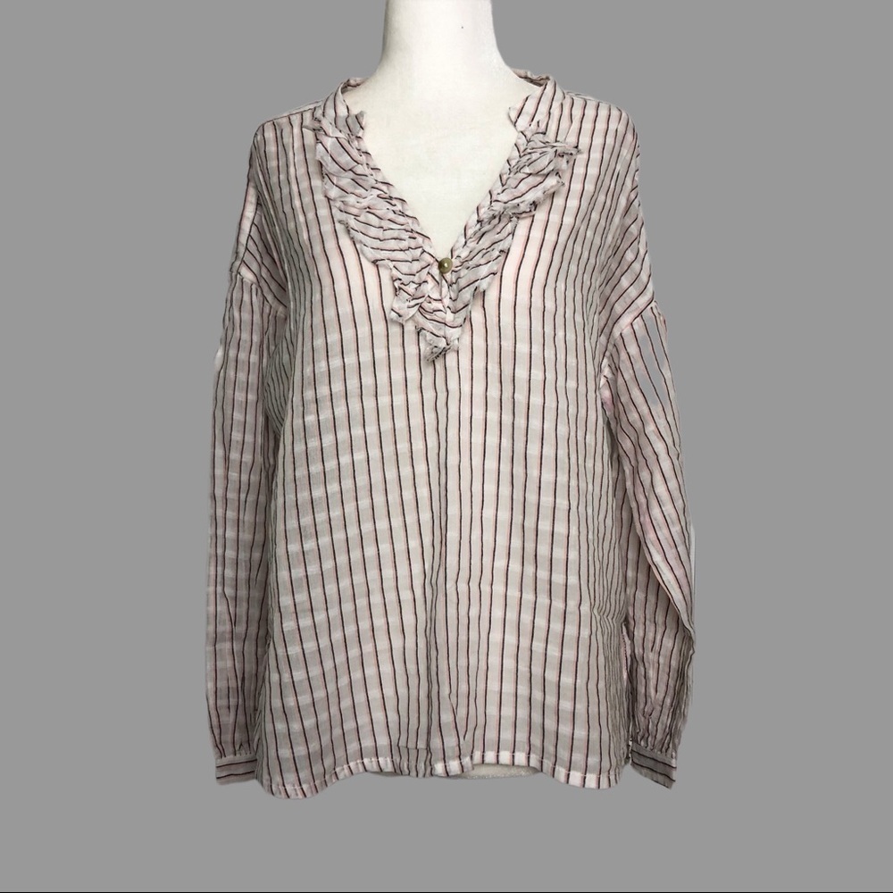 💙 SP 💙 NWT Anthro Ruffled Blouse Striped Long Sleeves Linen Blend​